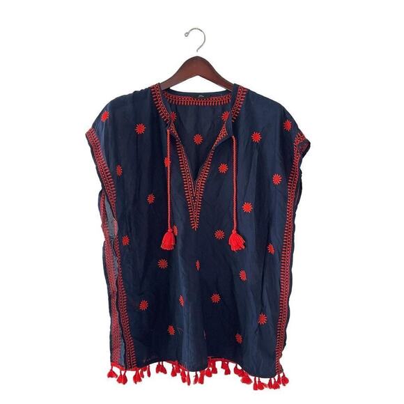 J Crew Tunic S Embroidered Indian Cotton Beach Poncho Cover Up Top Navy Boho - Picture 1 of 7